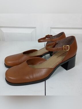 Vintage Naturalizer Mary Jane Heels 8.5 Womens Saddle Tan Leather Block Heel